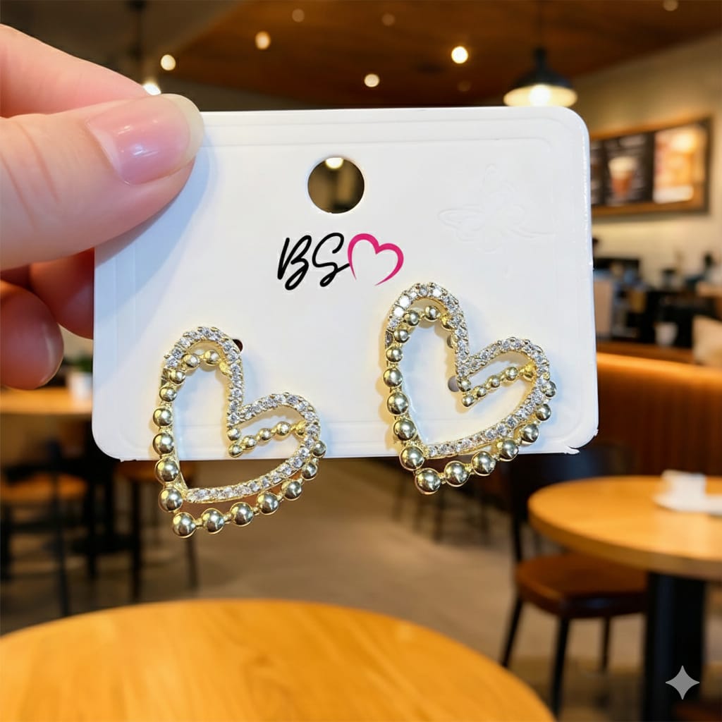 Heart Shape Double Korean Earrings- Golden