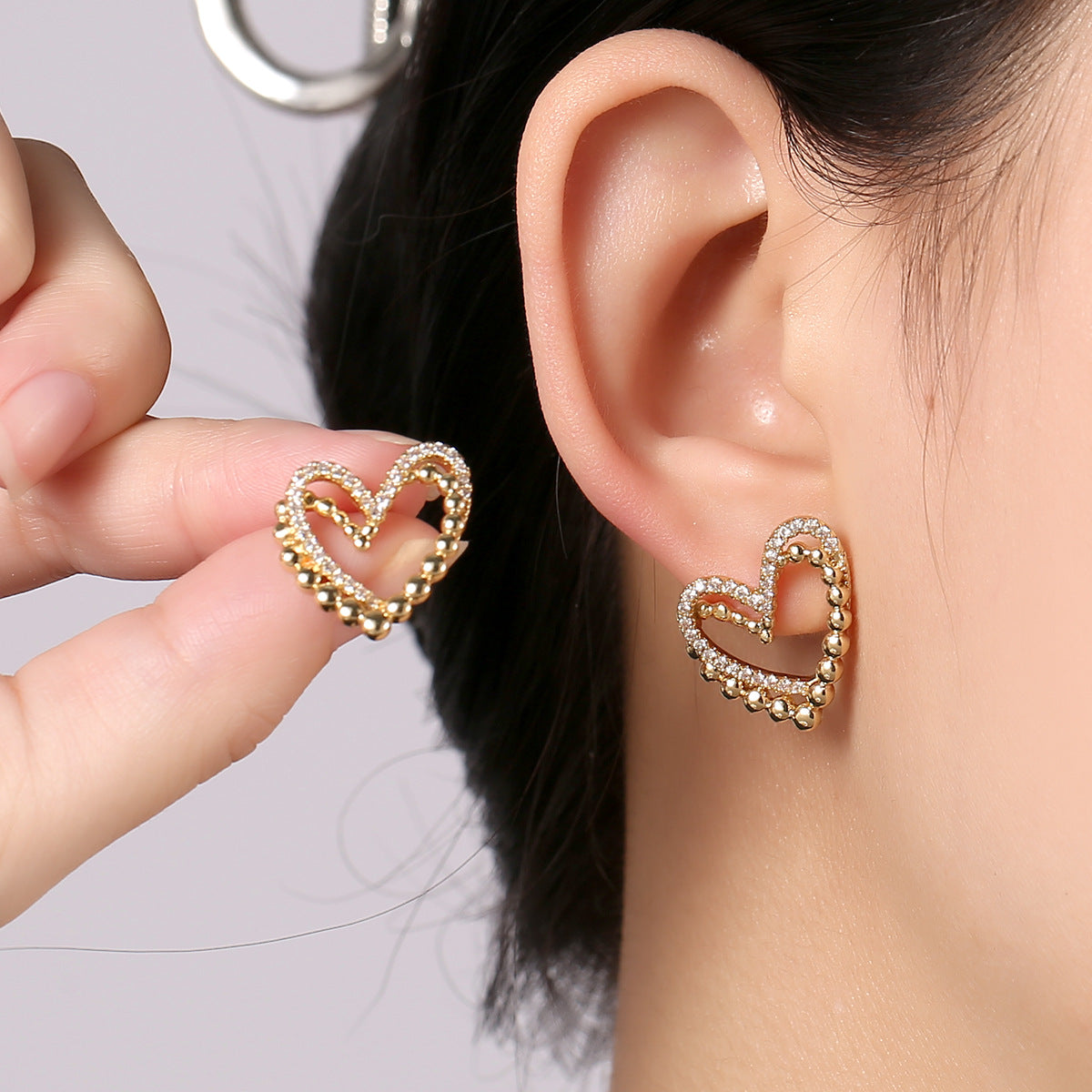 Heart Shape Double Korean Earrings- Golden